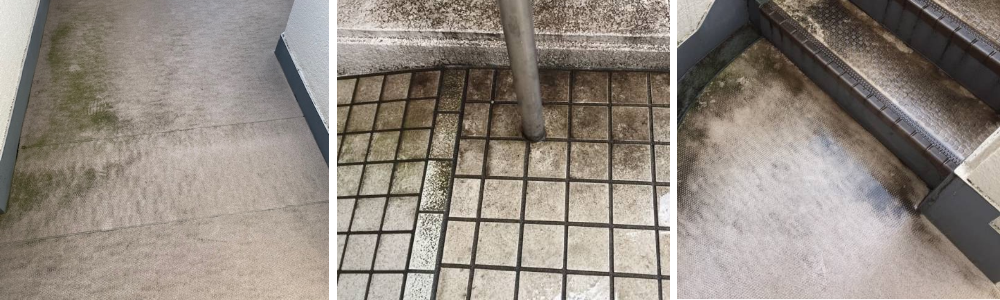 マンションの日常清掃・定期清掃なら名古屋でハウスクリーニングの実績豊富なおそうじままが日常清掃を担当する前の汚れた廊下、共有部、黒ずんだ階段の写真